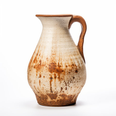 a very old piece of pottery with a white background, captured using fujifilm provia film. the pottery features red and amber hues, and is inspired by medieval art. the composition is organic and naturalistic, with post-processing enhancing its mid-century modern aesthetic. ai generatedの素材