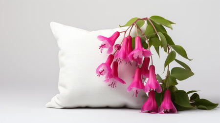 a pillow adorned with pink flowers and leaves is showcased in this ambient occlusion-style photograph. the image captures a photo-realistic still life, featuring a magenta color palette. the pillow's surface appears smooth and polished, with a matte finish. this composition beautifully combines natural elements with man-made design. ai generatedの素材