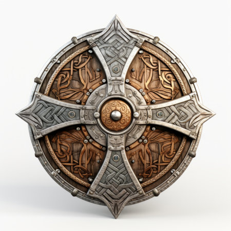 celtic shaped shield with hyper-realistic details, rendered in unreal engine. this royalty-free clipart features a high-quality photo of a light gray and brown shield. created by renowned artists mike campau and rob liefeld, it showcases intricate craftsmanship and is perfect for various design projects. the back button focus adds depth and clarity to the image. ai generatedの素材