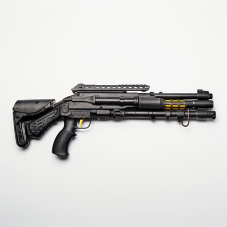 eagle metal firearms model pistol on a white background, captured with the tamron sp 70-200mm f/2.8 di vc usd g2 lens. the photo showcases an apocalyptic landscape with dark black and yellow tones. the pistol represents raw materialism and is made from recycled materials. the image has a dotted effect reminiscent of the agfa clack camera. ai generatedの素材