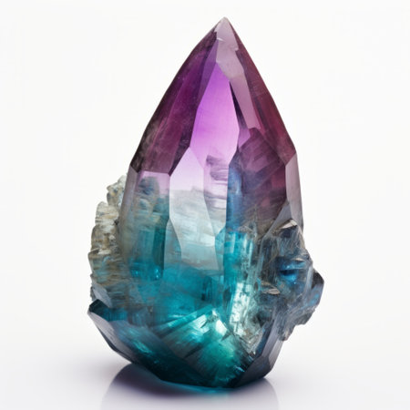 a colorful teardrop crystal, featuring dark magenta and dark aquamarine hues, rests on a pristine white surface. the crystal's monumental form and naturalistic materials create a captivating visual. this stunning image was captured using a konica big mini camera, highlighting the use of precious materials. the crystal's vibrant colors, including light yellow and dark aquamarine, add a touch of quantumpunk aesthetic. ai generatedの素材