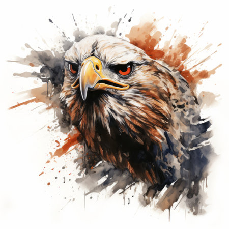 large bird portrait resembling a golden eagle, depicted against a backdrop of a modern ink painting. the artwork showcases a fusion of dark white and dark orange colors, inspired by graffiti-style animals. the composition draws influence from artists such as nabis, serge marshennikov, and patrice murciano, resulting in an energy-filled illustration. ai generatedの素材