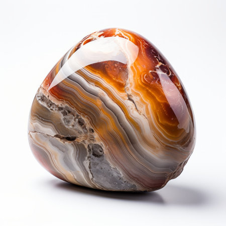 a mesmerizing rgb 5558482 mtb226 agate-shaped sculpture in serene orange and brown hues. this artwork, inspired by ancient chinese art and stonepunk aesthetics, showcases a calming beauty. the focus stacking technique enhances its intricate details, while the spherical shape adds a touch of elegance. against a white background, the dark red and light gray tones create a captivating contrast. ai generatedの素材