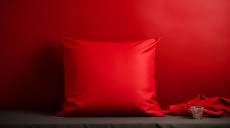 a pillow top, blanket, and table are showcased on a vibrant red background in this high-quality photo. the matte style, softbox lighting, and strong contrast create a bold and realistic color scheme. the chiaroscuro effect adds depth and dimension to the composition, making it visually striking. ai generatedの素材