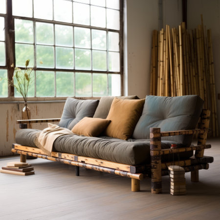 an organic couch, inspired by japanese aesthetics, is showcased in an old shop alongside bamboo sticks. the couch features a combination of dark gold and light azure colors, creating a visually striking contrast. crafted with eco-friendly materials and influenced by the mori kei style, this multi-layered piece exhibits exquisite craftsmanship and incorporates precious materials. captured with a fujifilm natura 1600 camera, this photo beautifully capturesの素材