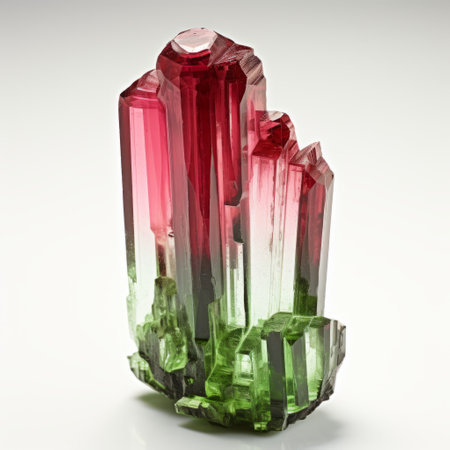 a pink and green gemstone, resembling glass sculptures, is showcased on a white surface. the gemstone, with its elongated and dramatic shape, features hues of light red and black. this unique piece, reminiscent of the biedermeier and mori kei styles, is made of crystals. discover this captivating gemstone on flickr. ai generatedの素材
