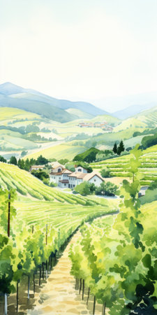 vine field scene on the farm, featuring terraced cityscape-inspired style, delicate watercolor landscapes, bold manga lines, mountainous vistas, flat perspectives, precisionist techniques, and transavanguardia influences. ai generatedの素材