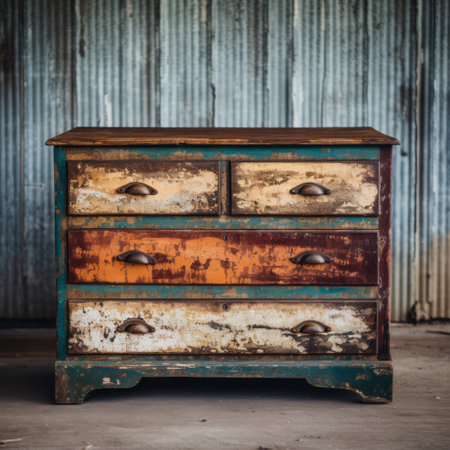 an old chest of drawers with a reddish colored finish and painted wood details, showcasing colorful textures in dark sky-blue and light amber. captured on fujifilm pro 400h, this photo reflects american consumer culture, eroded interiors, rustic scenes, and a touch of grit and grain. ai generatedの素材