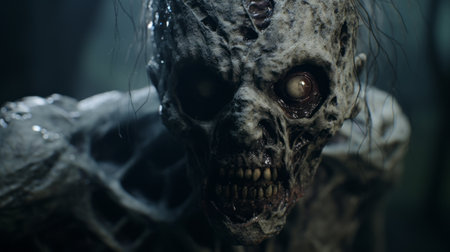a close-up photo of a terrifying zombie with a fully rendered face, created in the style of unreal engine. the image showcases the selective focus on the intricate details of the zombie's features, giving it a chilling and supernatural appearance. this eerie creature is reminiscent of the horror genre, with elements of frostpunk and daz3d evident in its design. the image captures the essence ofの素材