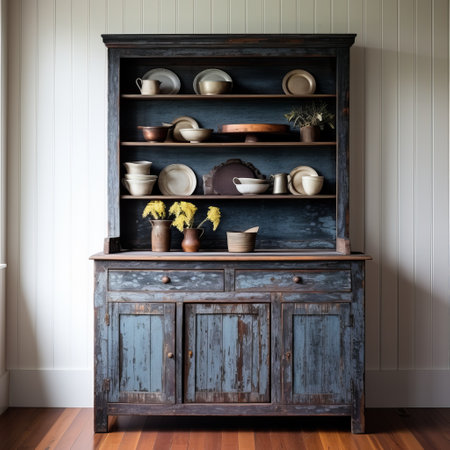 a wooden hutch adorned with a variety of dishes, showcasing a patinated and oxidized style reminiscent of the southern countryside. the australian tonalism is evident in the light black and dark azure hues. the torn and distressed edges add character to this piece, which perfectly complements domestic interiors with its traditional color scheme. ai generatedの素材