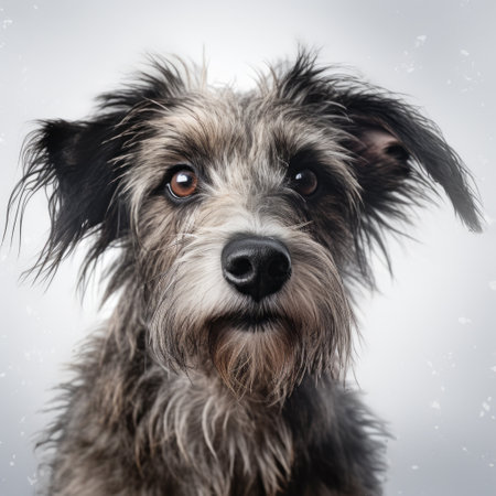 a big brown dog, reminiscent of the style seen in frostpunk, gazes directly at the camera. this realistic hyper-detailed portrait showcases concise brushwork techniques, rendered in maya. the gray tones and wet-on-wet blending add depth to the image, while the punctuated caricature elements bring a touch of whimsy. ai generatedの素材