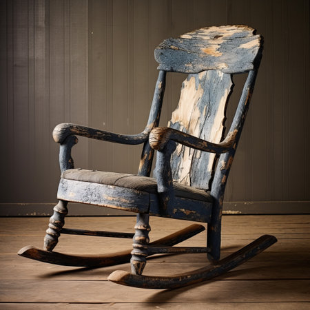 reclaimed oak rocking chair with paint on the slats, showcasing the original style of vignetting. this unique piece features a combination of light brown and dark blue hues, reminiscent of a daguerreotype photograph. the frayed edges add character to the chair, which is associated with the renowned artist ivan albright. the indigo and gray tones further enhance its rustic charm. ai generatedの素材