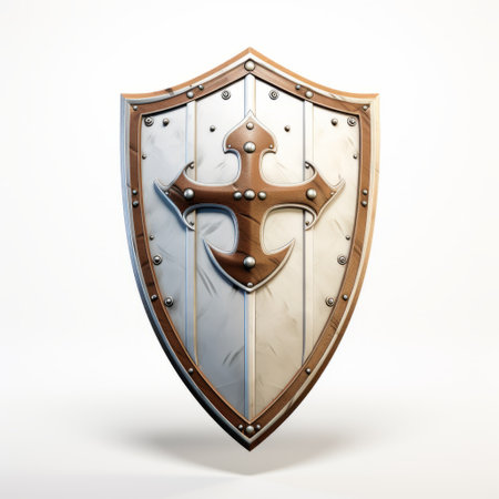 medieval shield 3d illustration isolated on white background. this stock photograph showcases a subtle realism style with biblical iconography. the shield features light white and brown colors, crossed in a cad computer aided design pattern. the design is minimalistic and clean, with a smooth surface. ai generatedの素材