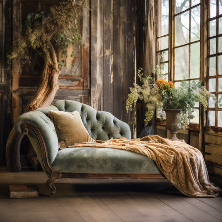 an old chaise lounge sits in a living room, positioned by a window that offers a view of another room filled with windows. the whimsical and dreamlike style of the space is enhanced by the distressed materials, dark aquamarine and light amber color scheme, and naturalistic portraits. this restored and repurposed piece creates a romantic atmosphere amidst the lush scenery. ai generatedの素材