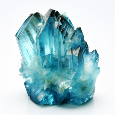 a large blue crystal with jagged edges is showcased on a clean white background. the crystal, in a vibrant light cyan and emerald style, exudes a youthful energy. its unpolished authenticity and use of precious materials give it a unique quantumpunk aesthetic, reminiscent of a heistcore vibe. ai generatedの素材