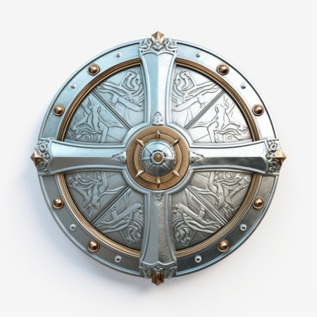 medieval royalty shield: this light silver and bronze shield showcases a realistic and hyper-detailed rendering. with precise nautical details and religious symbolism, it captures the essence of transportcore and realistic fantasy. the back button focus enhances its visual appeal, making it a remarkable piece of medieval art. ai generatedの素材