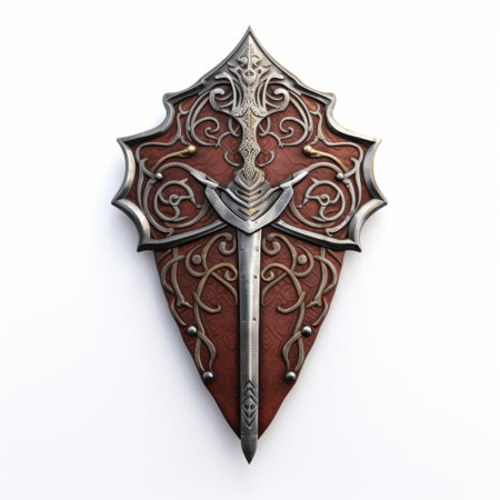 a carved wooden shield featuring a sword, designed in a photorealistic style with light silver and dark crimson colors. the shield showcases intricate details, combining elements of dansaekhwa art with isometric perspectives. the sculpted forms and enamel accents create a visually striking piece, characterized by sharp and angular lines. ai generatedの素材