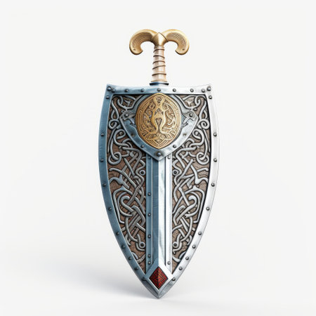 a 3d render of a celtic shield on a white background, showcasing the heavy use of palette knives. the design emphasizes character and features realistic still lifes with dramatic lighting. the color palette includes light gray and crimson, as well as light gold and white, creating a sharp and angular aesthetic. ai generatedの素材