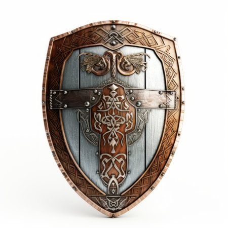 viking shield on white background with metallic accents, showcasing cabincore style. the shield features a combination of light brown and emerald colors, creating a striking contrast. its hard edge design and intricately textured surface give it an ornamental appearance, highlighting the use of wood in its construction. ai generatedの素材