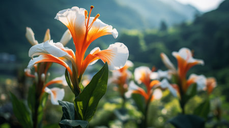 orange and white flowers bloom amidst lush green grass, creating a captivating scene reminiscent of exotic fantasy landscapes. the intense and dramatic lighting enhances the vibrant colors, while the use of the tokina opera 50mm f14 ff lens captures every intricate detail. this uhd image showcases mountainous vistas and evokes tropical symbolism, all while embodying the essence of classic japanese simplicity. ai generatedの素材