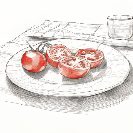 plate with tomatoes and glass: this editorial illustration showcases a textured exploration of a plate filled with vibrant tomatoes and a glass. the artwork is rendered in a frontal perspective, using light gray and light crimson hues. influenced by manga, the detailed pen strokes bring out the intricate details of the image. enjoy this high-resolution uhd depiction. ai generatedの素材