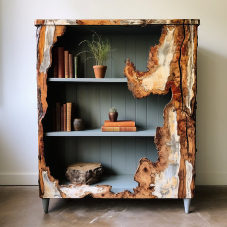the photo showcases a unique bookcase crafted from an old trunk, featuring a combination of nature-inspired abstractions. the cracked and poured paint design by pendleton ward adds a touch of artistic flair. the bookcase's light brown and gray color scheme blends seamlessly with its nature-inspired camouflage pattern. ai generatedの素材