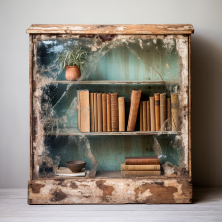 vintage wooden bookcase with glass covering, featuring torn and distressed edges. the teal and beige color scheme adds a soft, impressionistic touch to this still life photograph. inspired by the hudson river school, this tabletop image incorporates symbolic props and is reminiscent of tintype photography. ai generatedの素材