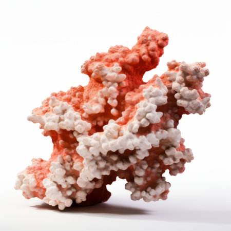 a 3d model of a coral showcasing light red and white colors. the organic sculpting technique used enhances the intricate biomorphic forms. the cross processing technique adds a vibrant explosion of pigmentation. the design is reminiscent of mars ravelo's style, with elaborate beadwork details. ai generatedの素材
