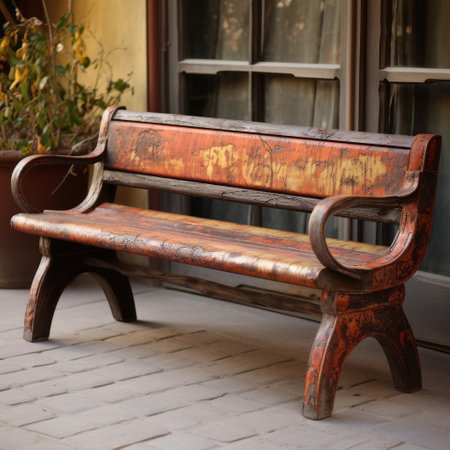 a brown wooden bench with colorful trim, showcasing a distressed and weathered surface. this unique bench serves as a critique of consumer culture, with its dark orange and bronze hues. the photo, taken by edogawa ranpo and shared on flickr, captures a muted and rustic americana aesthetic. ai generatedの素材