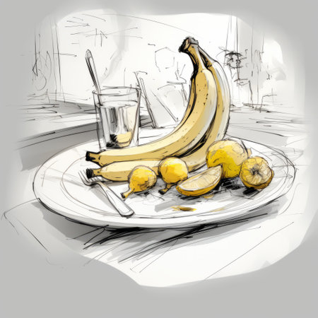 a photo of bananas and lemons, depicted in a digital painting style with graphic novel sketches. the indoor still life composition showcases a good proportion, although not to scale. the color palette consists of gray and beige tones, enhancing the detailed sketching. the image exudes raw energy, while the bananas and lemons appear smooth and shiny. ai generatedの素材