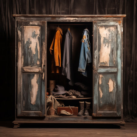 an old painted wood cabinet with dramatic atmospheric perspective, showcasing victorian-era charm. the cabinet features torn and distressed edges, adorned with a dark sky-blue and dark amber color palette. the organized chaos of the cabinet reflects american consumer culture, while soft lighting adds to its nostalgic allure. ai generatedの素材