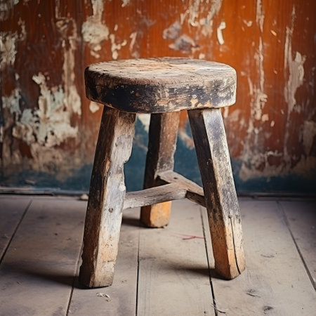 an old bedroom stool with rusty and peeling paint, showcasing the traditional chinese style of the western zhou dynasty. the contrasting light highlights the stool's light brown and indigo colors. the photograph captures the heavy use of palette knives, creating a textured effect. the rim light adds depth and dimension to the composition. ai generatedの素材