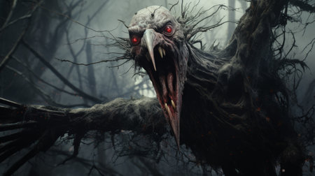 a dynamic and characterful animal portrait captured in the woods, featuring a black and red raven. rendered in cinema4d, this artwork showcases exaggerated facial expressions, embodying the unique styles of zombiecore and frostpunk. the raven's strong facial expression adds to its captivating presence, while its vine-like features create an intriguing and distinctive visual. ai generatedの素材