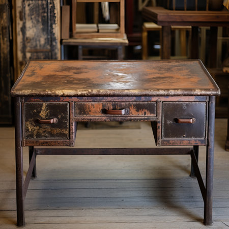 the rustic walnut desk is a large antique desk with a splattered paint design, showcasing metalworking mastery. it evokes a tintype photograph aesthetic and is reminiscent of the artistic atmosphere at yale university school of art. the desk is adorned with rusty debris, adding a touch of authenticity, while the orange and gold tones create romanticized views. ai generatedの素材