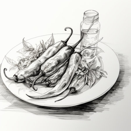 a vector art doodle featuring spice peppers, a bottle, and a fresh pepper in a leaf. this realistic still life illustration showcases dramatic lighting and is inspired by wet plate ambrotype and soviet realism. the extravagant table settings and hyperrealistic marine life add a touch of extravagance. created using traditional oil-painting techniques, the artwork is predominantly white and gray. ai generatedの素材