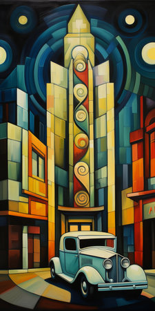 acrylic on canvas artwork by robert lin, inspired by classic cars from the 1950s and 1960s. the style of the paintings is reminiscent of alexander archipenko, with atmospheric and impressionistic cityscapes featuring columns and totems. anna dittmann's influence can be seen in the contemporary canadian art, depicting theater scenes with a mosaic-inspired realism. ai generatedの素材