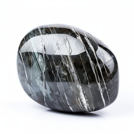 a stone rock with dark brown and gray stripes, in the style of transparent-translucent medium, reminiscent of oscar niemeyer's architectural designs. the rock features a combination of dark silver and light indigo hues, with soft and rounded forms. its unique pattern showcases a blend of dark black and silver shades, resembling a precious gemstone. this captivating photo captures the essence of posuka demizu's artistic vision.の素材