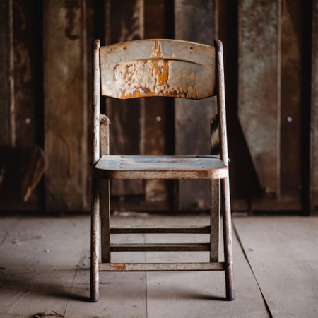 rusting old chair next to wooden wall, working-class empathy, american studio craft movement, schlieren photography, light gray and bronze, confessional, konica big mini, strong emotional impact. ai generatedの素材