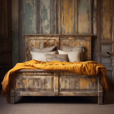 an old bed in this bedroom is adorned with an orange throw blanket, showcasing distressed and weathered surfaces. the design draws inspiration from danish golden age, featuring a combination of dark yellow and light indigo hues. the rustic renaissance realism is enhanced by the rustic textures, combining light yellow and dark gray tones. the craftsmanship of this bed highlights its eco-friendly nature. ai generatedの素材