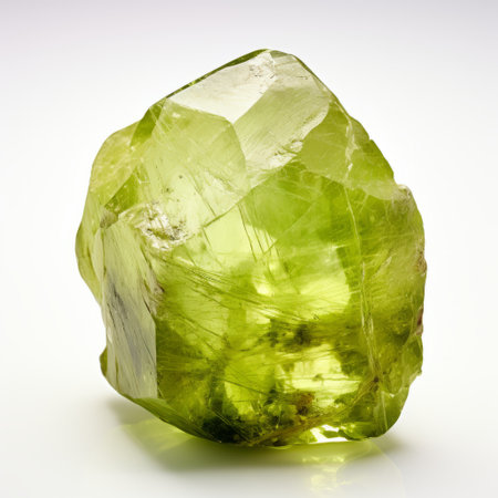 a green peridot rock, showcasing the vibrant colors of the gemstone, rests on a white surface. this unique piece reflects the influence of the american studio craft movement, with its light yellow and light maroon hues. captured with a zeiss planar t 80mm f/2.8 lens, this photograph embodies the artistic vision of q hayashida and jean nouvel. dating back to the years 1000-1400 ce, itの素材