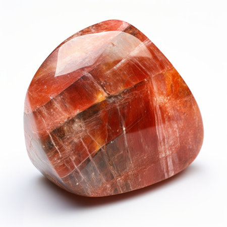 an orange crystal with facets on the bottom, resembling a stone. the crystal has a light red hue and is crafted in the style of cham soutine. meticulously created with color-streaked, rounded shapes and transparent layers. ai generatedの素材