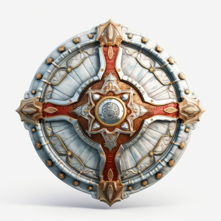 a 3d illustration of a wooden shield adorned with a decorative ornament. the shield is designed in a light gray and light crimson color scheme, with a metallic rotation effect. this artwork was commissioned for the game frostpunk and showcases elements of scoutcore, polychrome terracotta, and xbox 360 graphics. ai generatedの素材