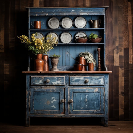 the blue painted dresser with pots on it showcases rustic textures and a darktable processing style. the accurate and detailed craftsmanship is enhanced by the moody lighting, creating a rustic americana feel. the dresser's design is reminiscent of 18th-century aesthetics, adding a touch of history to lively interiors. ai generatedの素材