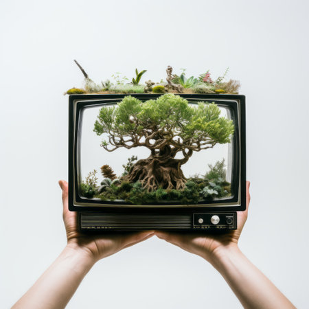 hands holding an old tv with plants growing on it, in the style of japanese-inspired art. this conceptual art piece showcases a transparent-translucent medium, reminiscent of mind-bending sculptures. the isolated landscape and nature-inspired elements create a captivating visual, reminiscent of a national geographic photo. ai generatedの素材