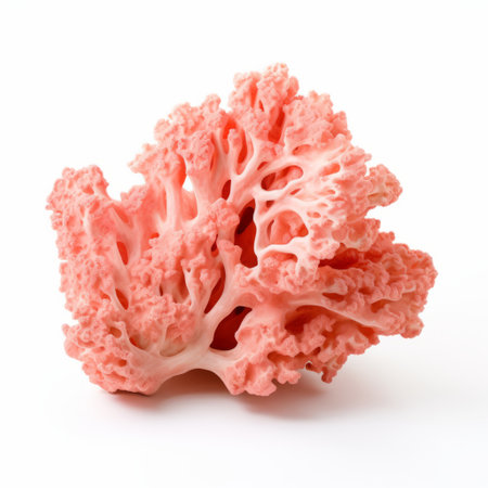 orange coral on a white background, featuring intricately sculpted details in the style of carsten holler. the coral is a vibrant shade of pink, contrasting with the hard-edged, light red and white elements. this captivating artwork is displayed in a lightbox, reminiscent of the iconic works by basil gogos. ai generatedの素材