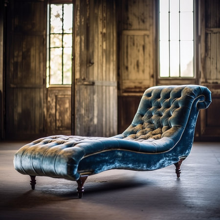 a chaise lounge, nestled within a wooden frame, exudes a soft focus nostalgia with its dark cyan and gold hues. the abandoned spaces surrounding it add to the allure, while its smooth and shiny appearance catches the natural lighting. elongated and dramatic, this chaise lounge creates a romantic atmosphere. ai generatedの素材