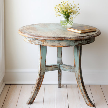 a yellow flower arrangement sits on a table, showcasing a distressed and weathered surface. the arrangement is done in a 20th-century scandinavian style, featuring light turquoise and light indigo hues. with its rounded shape and consumer culture critique, this eye-catching detail exudes timeless elegance. ai generatedの素材