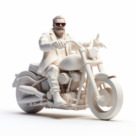 a bearded motorcyclist, sporting a full beard, rides a 175ml motorcycle. the image is rendered in the style of ambient occlusion, featuring highly stylized figures. with an impressive 8k resolution, the photo showcases photo-realistic techniques. the white background adds a touch of high-tech futurism, while the detailed miniatures enhance the overall visual appeal. ai generatedの素材