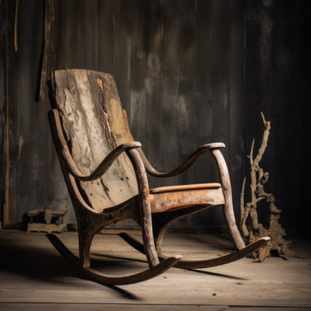 antique wooden rocking chair and tree in a room, showcasing a pulled, scraped, and scratched dark and brooding designer aesthetic. this studio portraiture captures the essence of site-specific, hopi art, with a touch of grit and grain, evoking an industrial ambiance. ai generatedの素材
