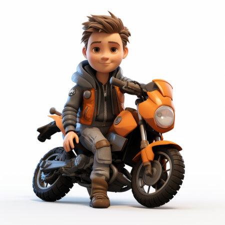 a boy riding an orange motorcycle on the road, showcasing the charming character illustrations and hard surface modeling in the style of zbrush. the lit kid with toy-like proportions adds to the overall appeal of this group material. ai generatedの素材